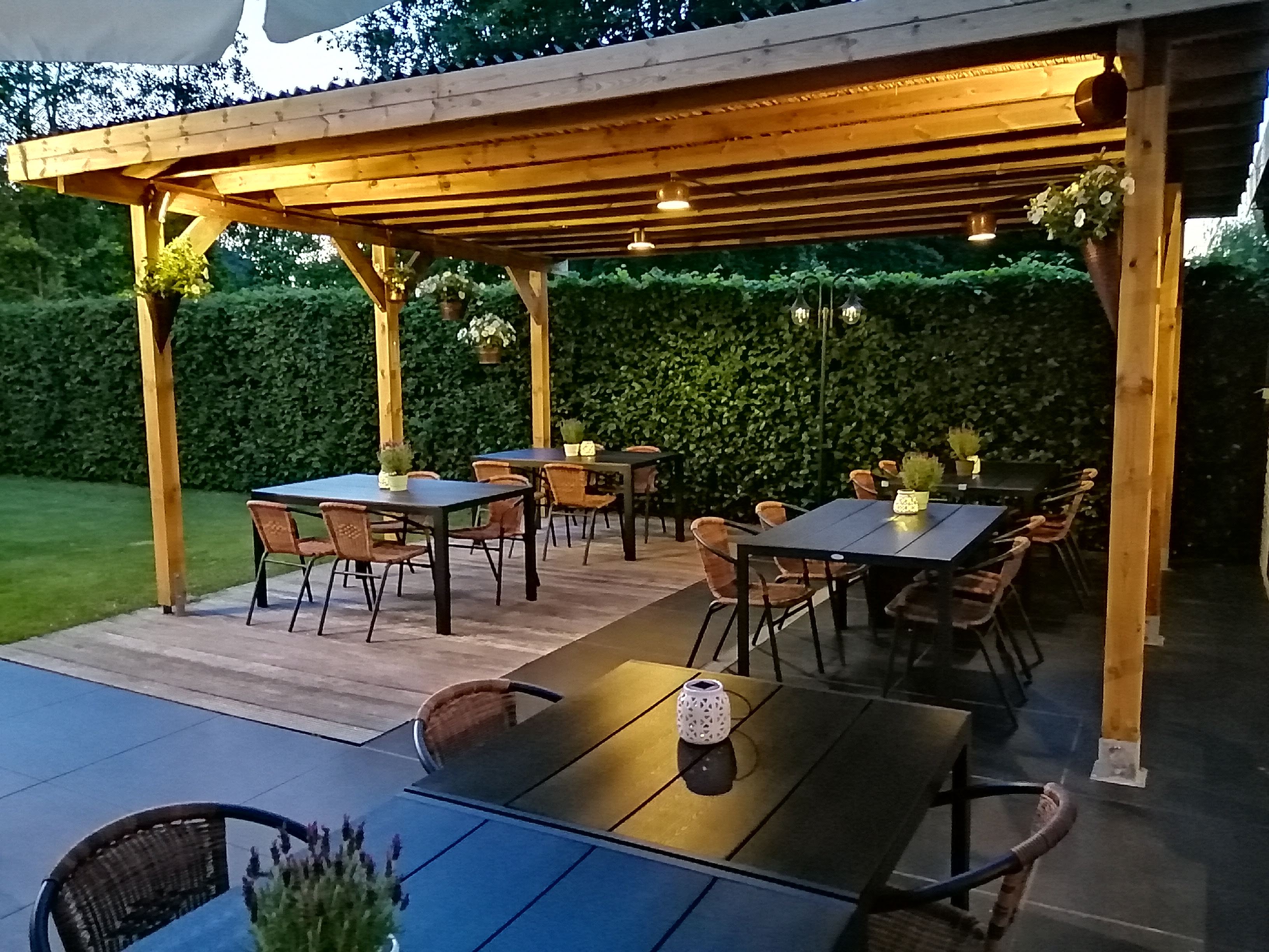Terras met pergola en haag